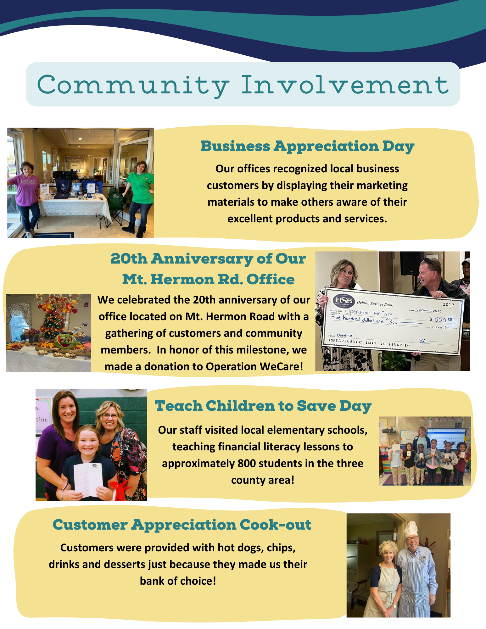 Community Involvement poster showcasing Business Appreciation day, 20th Anni. of Mt. Hermon Rd. office, Teach Children to Save day and Customer Appreciation